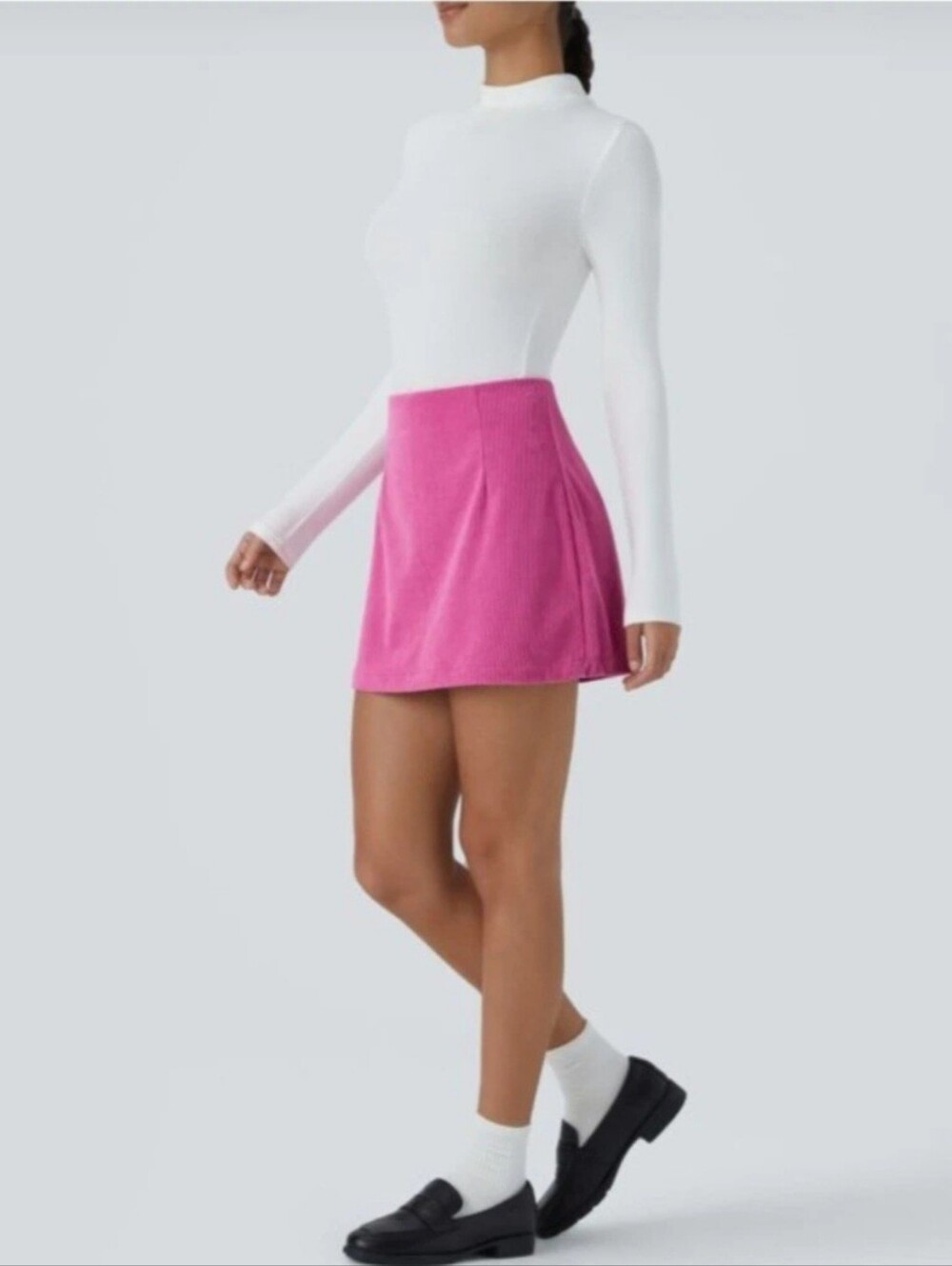 New Halara Women's Pink High Waisted A Line Corduroy Mini Skort Large Strechy